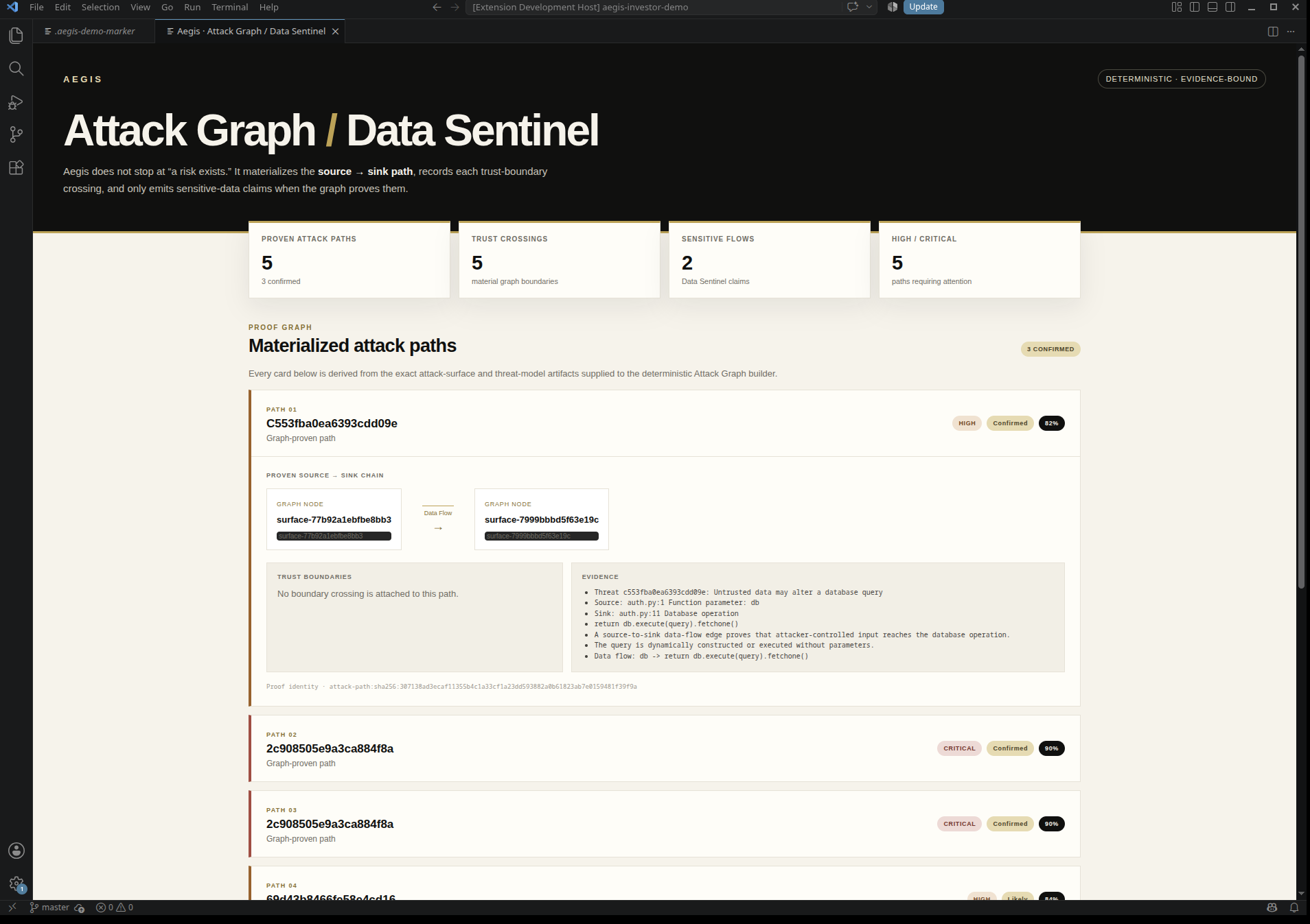 Aegis Attack Graph and Data Sentinel interface captured in Visual Studio Code