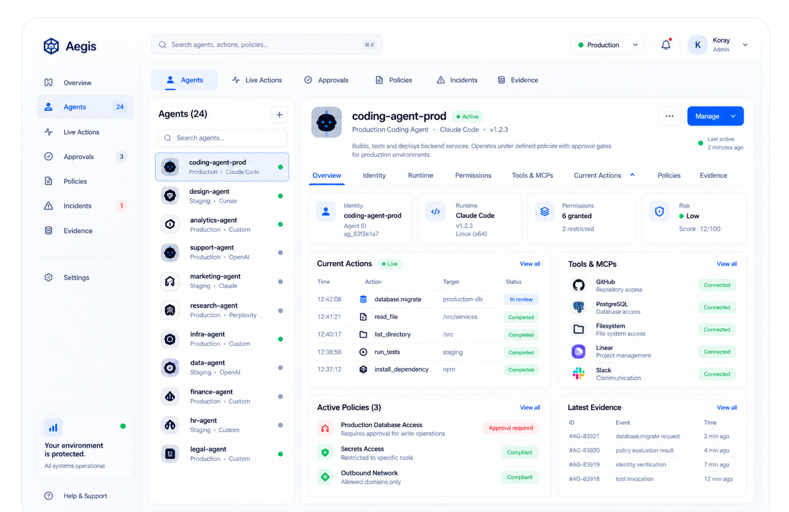 Aegis Control Plane interface showing agents, actions, policies, approvals, and evidence